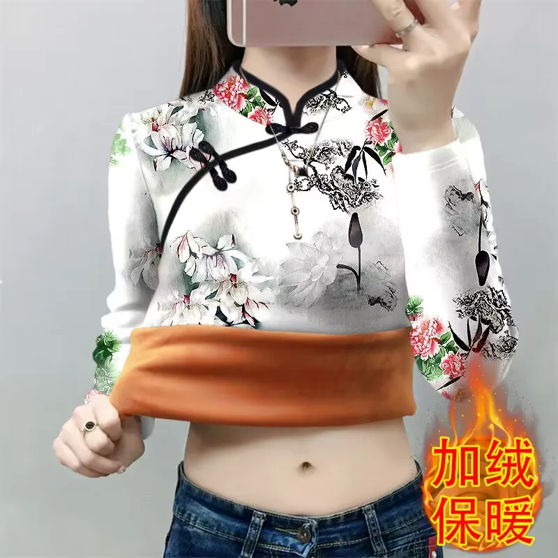 New Chinese Style Long Sleeve Fleece T-Shirt Women Autumn Winter Cheongsam Collar Thick Base Shirt Female All-match Blouse