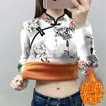 Neue Chinesische Stil Langarm Fleece T-Shirt Frauen Herbst Winter Cheongsam Kragen Dicke Basis Shirt Weibliche Alle-spiel Bluse