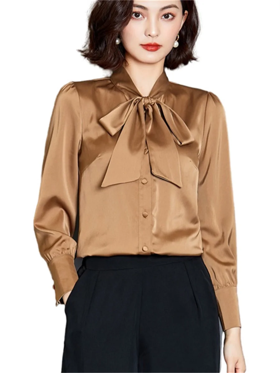 

Women Spring Autumn Blouses Shirts Lady Fashion Casual Long Sleeve Bow Tie Collar Solid Color Blusas Tops CT0342