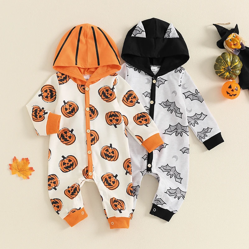 

Baby Girl Boy Halloween Romper Bat Print Long Sleeve Full Length Button Fall Hooded Jumpsuit for Newborn Clothes