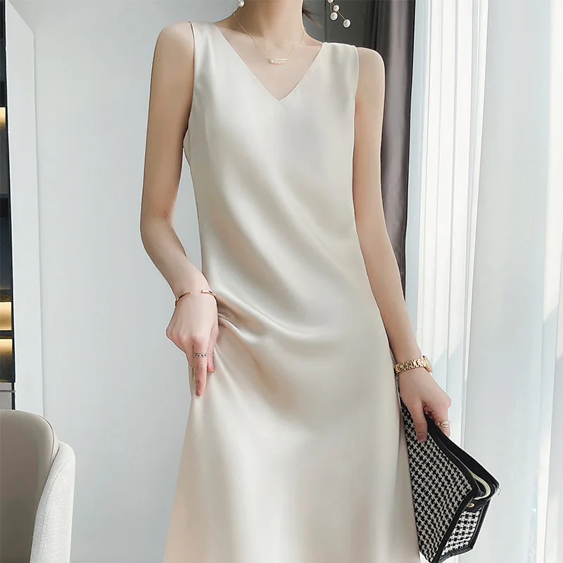 

Elegant Satin Slip Tanks Dress Dresses Summer Party Long Gown For Women 2023 V-Neck Sexy Strap Sleeveless Ladies A-Line Vestidos