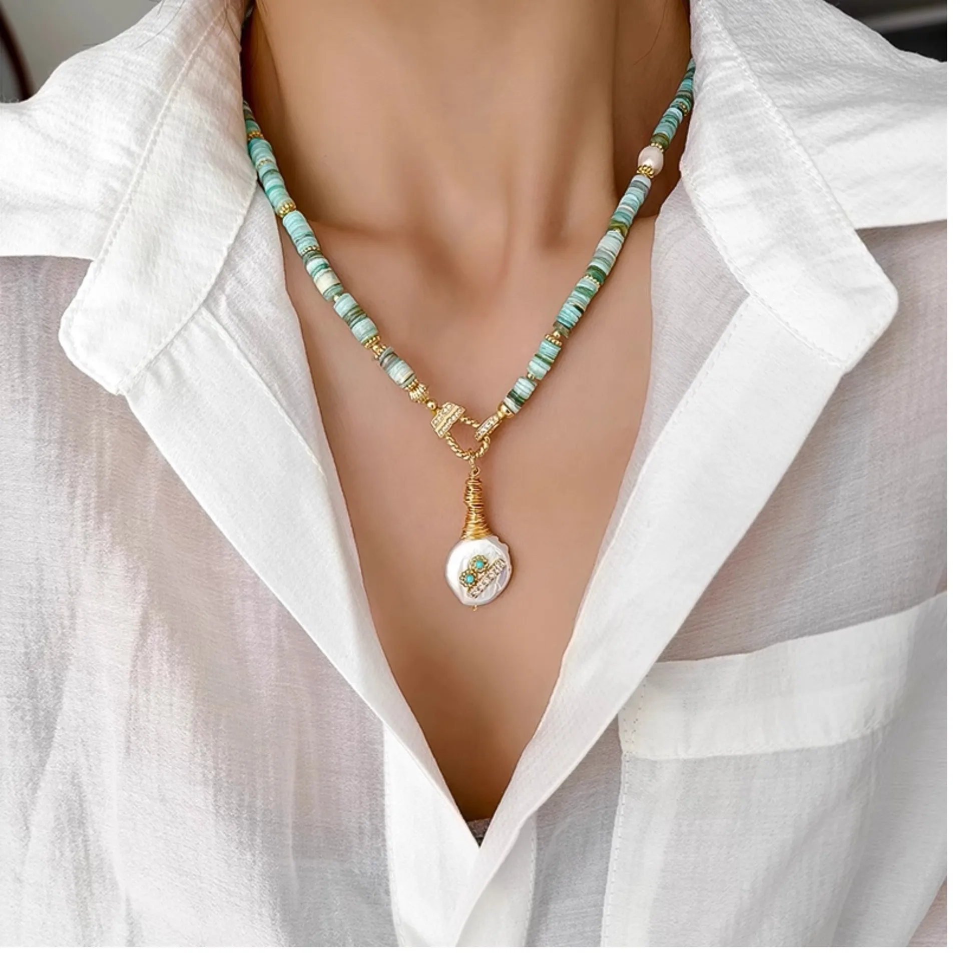 Neuankömmling trend ige natürliche Barock Süßwasser Perle grünen Stein 14 Karat Gold gefüllt weibliche Anhänger Halskette Schmuck für Frauen Geschenke – Detail 4