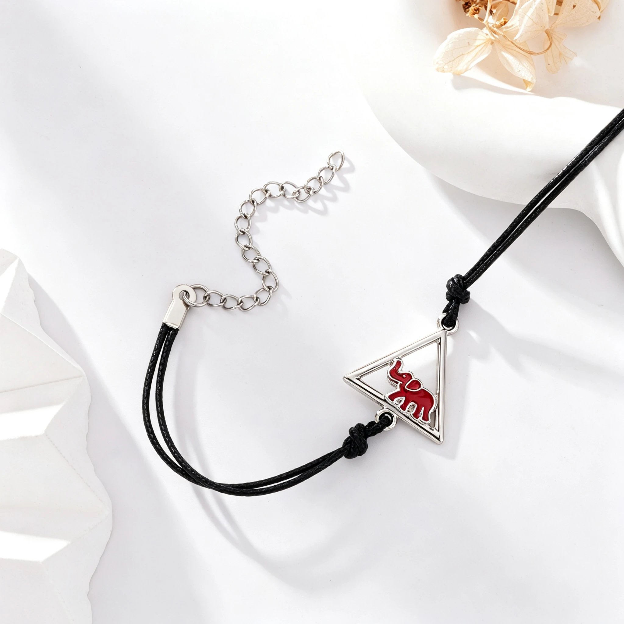 Red Elephant Triangle Charm Bracelet Black Wax Rope Adjustable Bracelet Minimalist Animal Pendant  Fashion Women Jewelry Gift