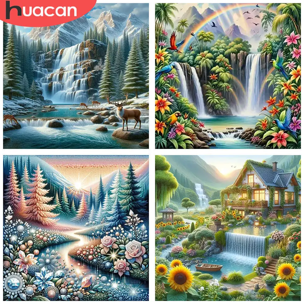 HUACAN 1 Stück Diamant-Gemälde, Berg, Wasserfall und Hirsch, Kunst, malerische Leinwand, 5D-Diamant-Sticksets, Strass-Handwerk