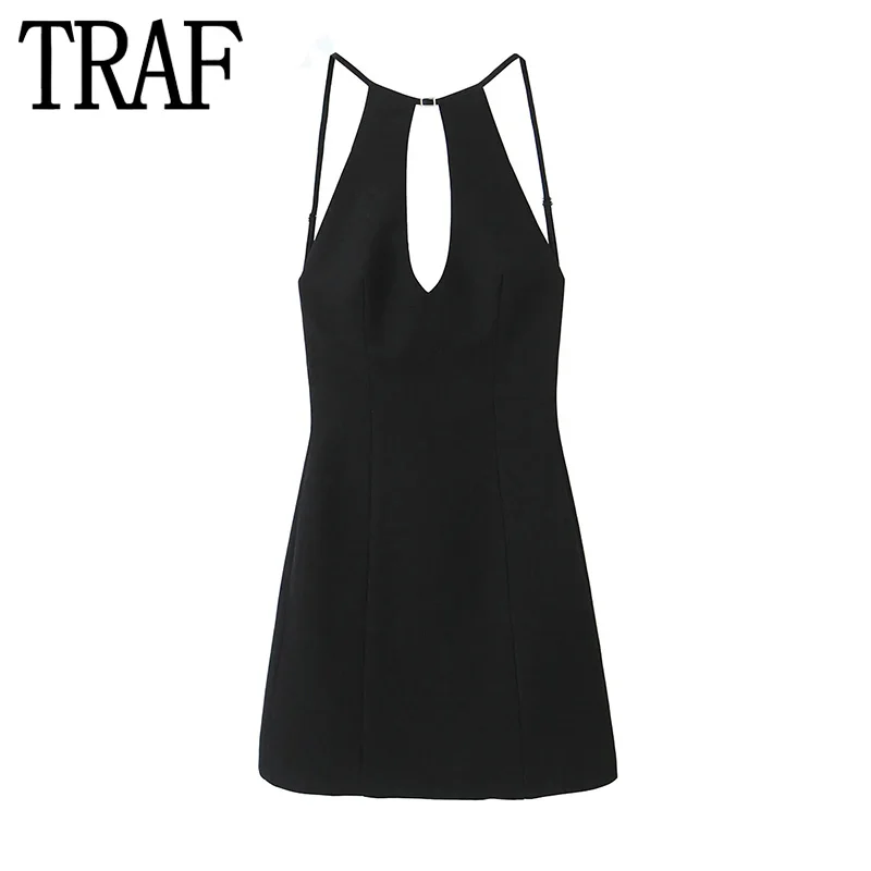 TRAF-Vestido corto negro con espalda descubierta para mujer, minivestido Halter sin mangas, Sexy, para fiesta de verano, 2024