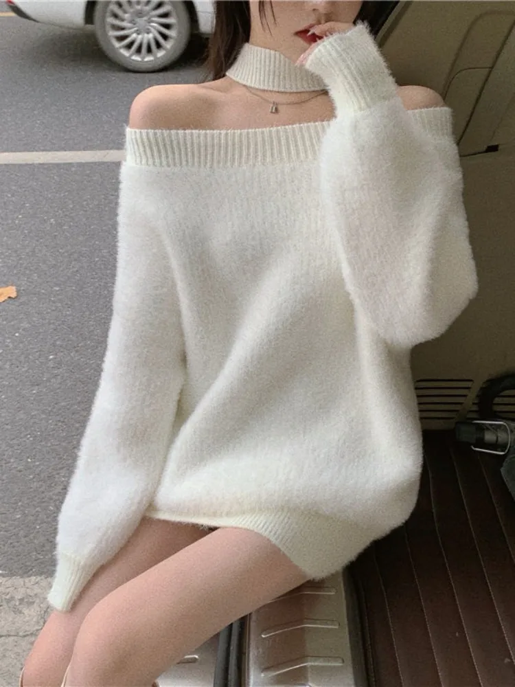 Hikigawa Chic Fashion Women Sexy Off Shoulder Slash Neck Sweaters Autumn Vintage Halter Knitted Pullovers Outerwear Tops Mujer