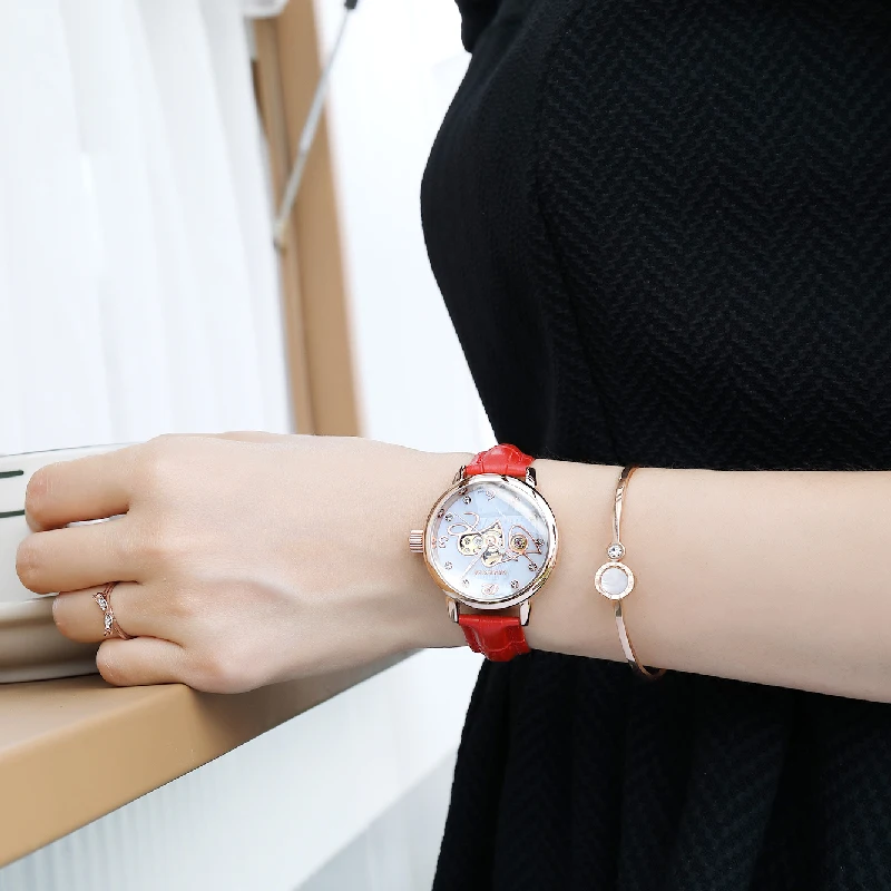 ORKINA Women's Mechanical Watch Self-Wind Mechanical Elegant Rose Gold Luminous Skeleton Red Leather Ladies Fashion Wristwatch