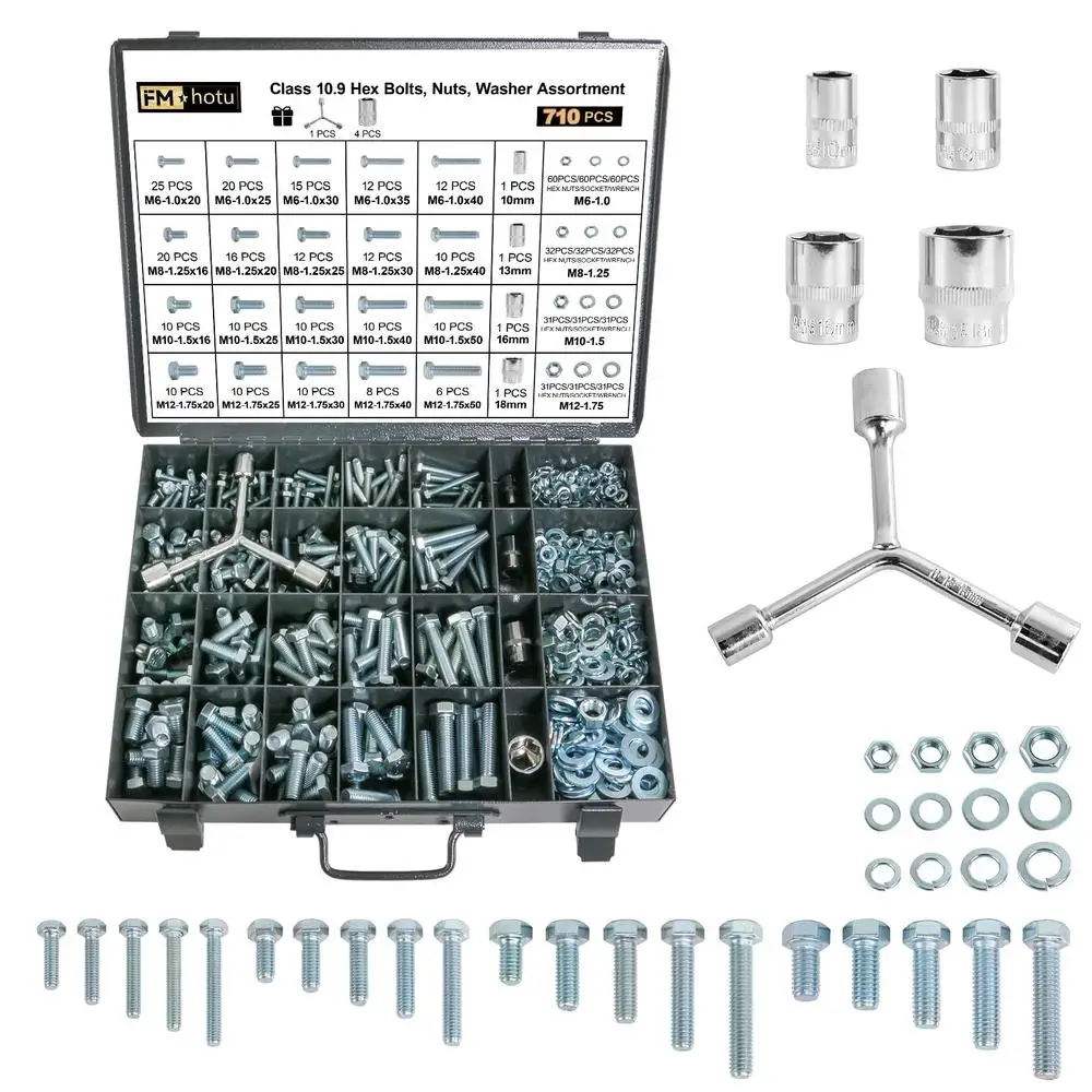 710Pcs 미터법 등급 10.9 합금강 육각 볼트 너트 와셔 세트 M6 M8 M10 M12 Y-렌치 및 드릴 비트 포함