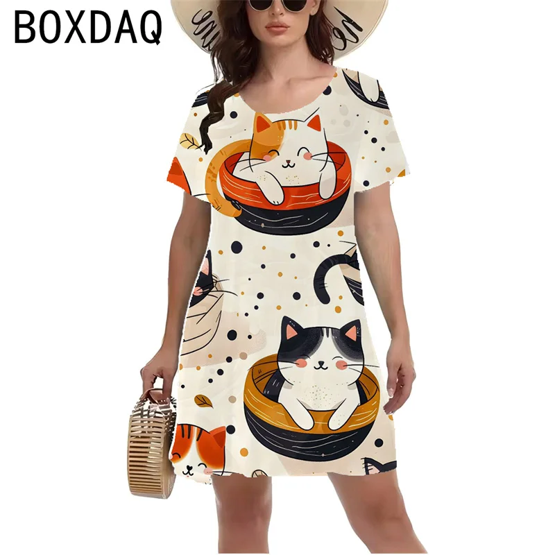 Gothic Style Cute Cartoon Cat Printed Dress Women Short Sleeve O-Neck Casual A-Line Dress Big Size 3XL Female Sundess Vestidos