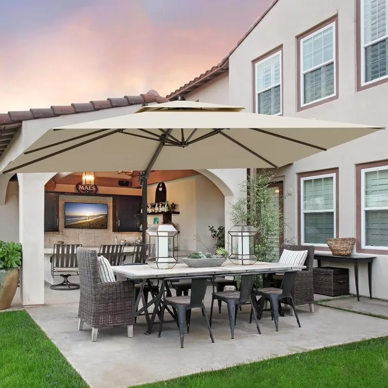 

【Hot Item】9x12FT Beige Cantilever Outdoor Patio Umbrella With Base, Large Rectangular Offset Design, Double Heavy , Cust