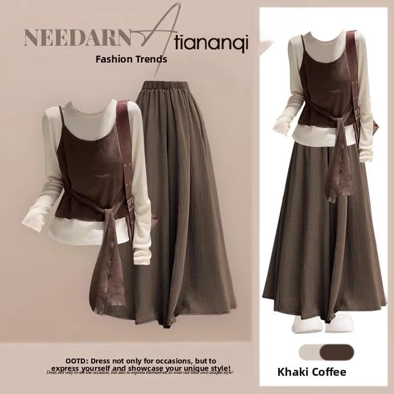 

Spring 2026 Slimming Effect round Ne Korean Sle Top Bot Set Long Sve Layering Tee Piece Set for Women