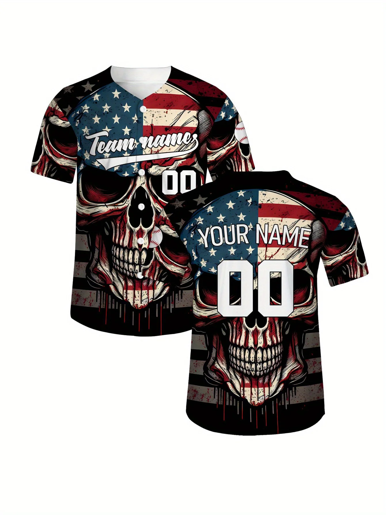 

Custom Skull American Flag Baseball Jersey Mens Breathable Button Shirt Personalized Team Name Number Gift To