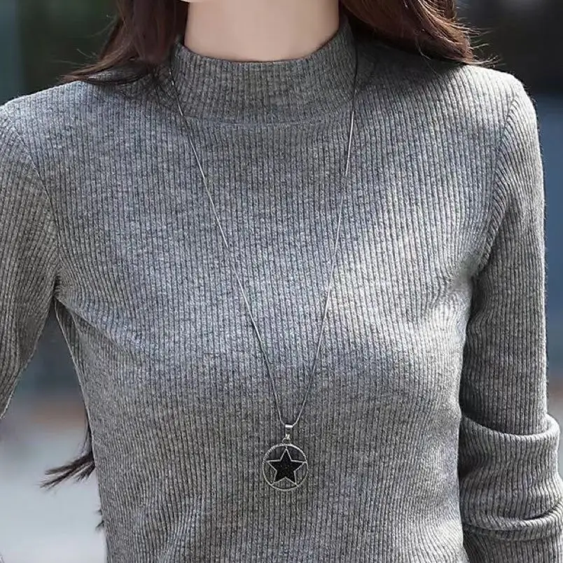 Women's Autumn Winter Long Sleeve T-Shirt mid Neck Slim Fit Ribbed Base Shirt Pure Color Fashionable Inner Wear Top