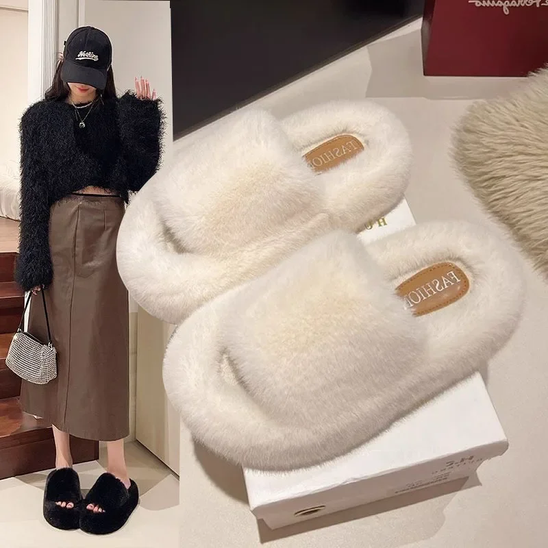 New Winter Women Furry Slippers Soft Plush Faux Fur Floor Shoes Indoor Ladies Warm Home Slippers Open Toe Fluffy House Slides