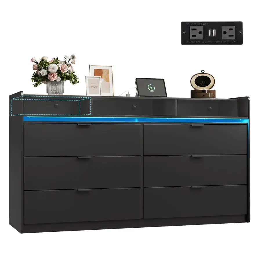 9 Drawer Led Dresser for Bedroom, 58 Black Wooden Dresser Storage Organizer with Power Outlets for 65 TV, Dressers with Open Sh