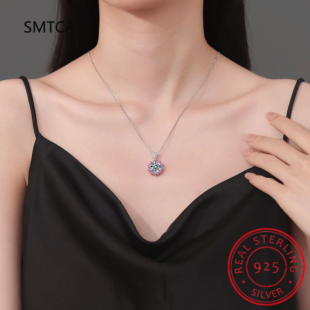 

925 Sterling Silver Round Halo Simulated Moissanite Necklace White Gold Plated Classic Elegant Necklace Engagement Jewellry Gift