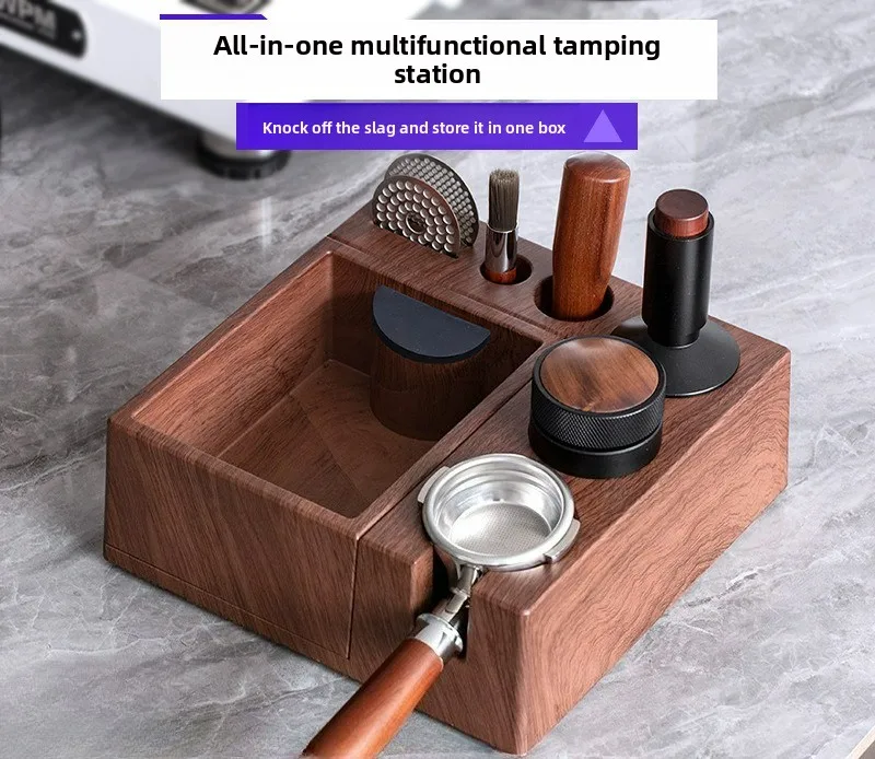 51mm 53mm 58mm Espresso Distributor Tamper Station ABS Wood Base Knock Box with Removable Waste Tray