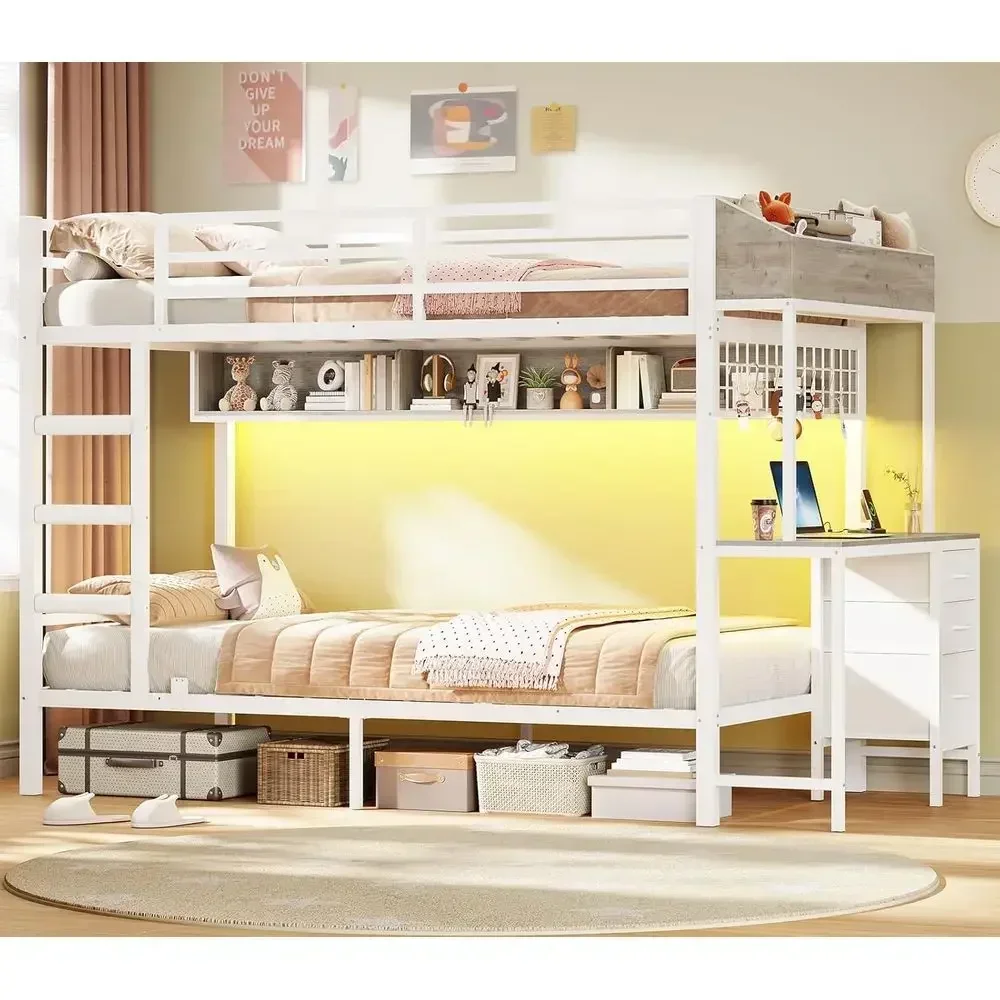 Twin Over Twin Bunk Bed with Desk, 3 Drawers, Charging Station, LED Lights, Storage, Heavy Duty Metal, White
