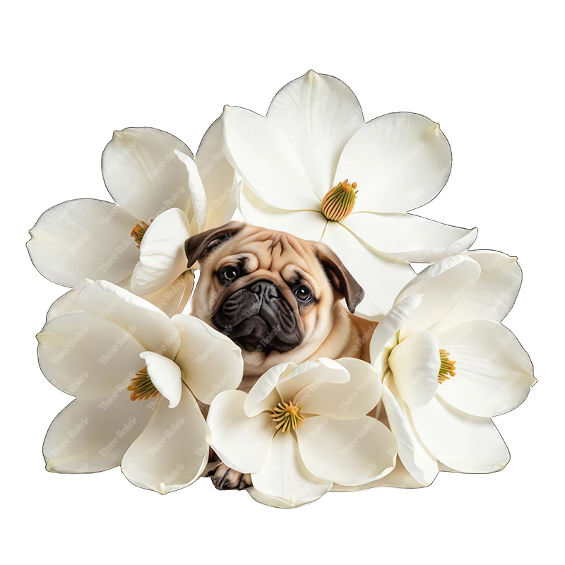 Three Ratels Bago dog in  magnolia flower funny animal wall stickers for home decoration