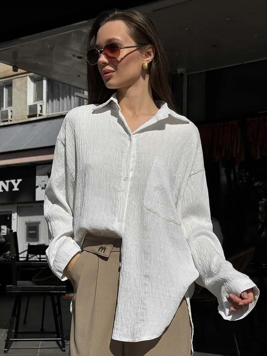 

Oymimi Fashion White Pleated Women's Blouse Autumn Casual Turn-Down Collar Long Sleeve Blouses Elegant Pockets Button Blouses