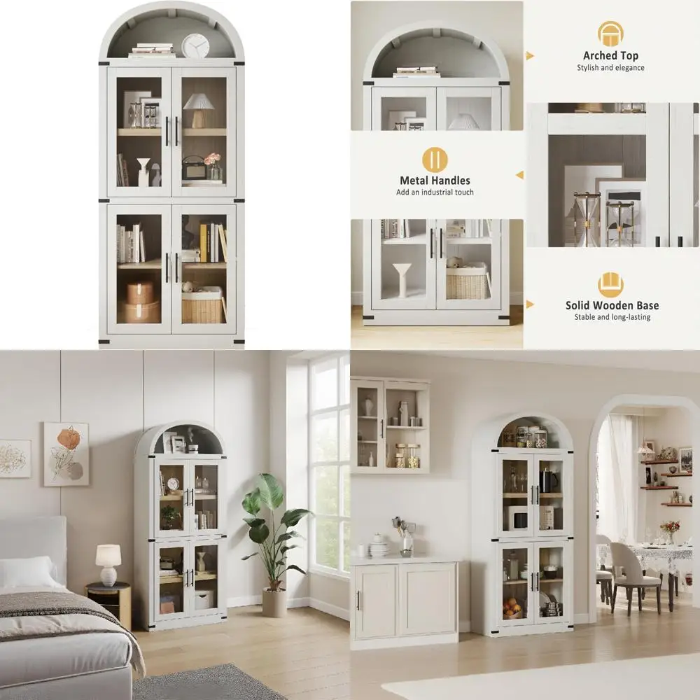 Estante arqueada moderna e resistente de 4 camadas com portas de vidro - armário alto de armazenamento de piso para exibição