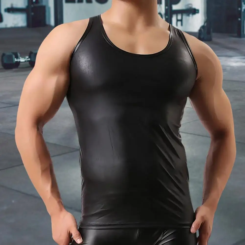 Men Sexy PU Leather Tank Top Sleeveless Erotic Shaping Sheath Stretch Shirts Soft Latex Bodycon Patent Leather T-shirt Club Vest