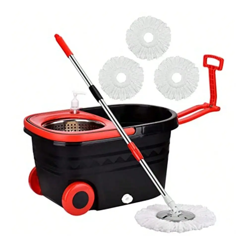 Mop And Bucket With Wringer Set On Wheels, 3 Mop Refills, 61 Handle 360 Spinning Mop System With Stainless Steel Extended Handl
