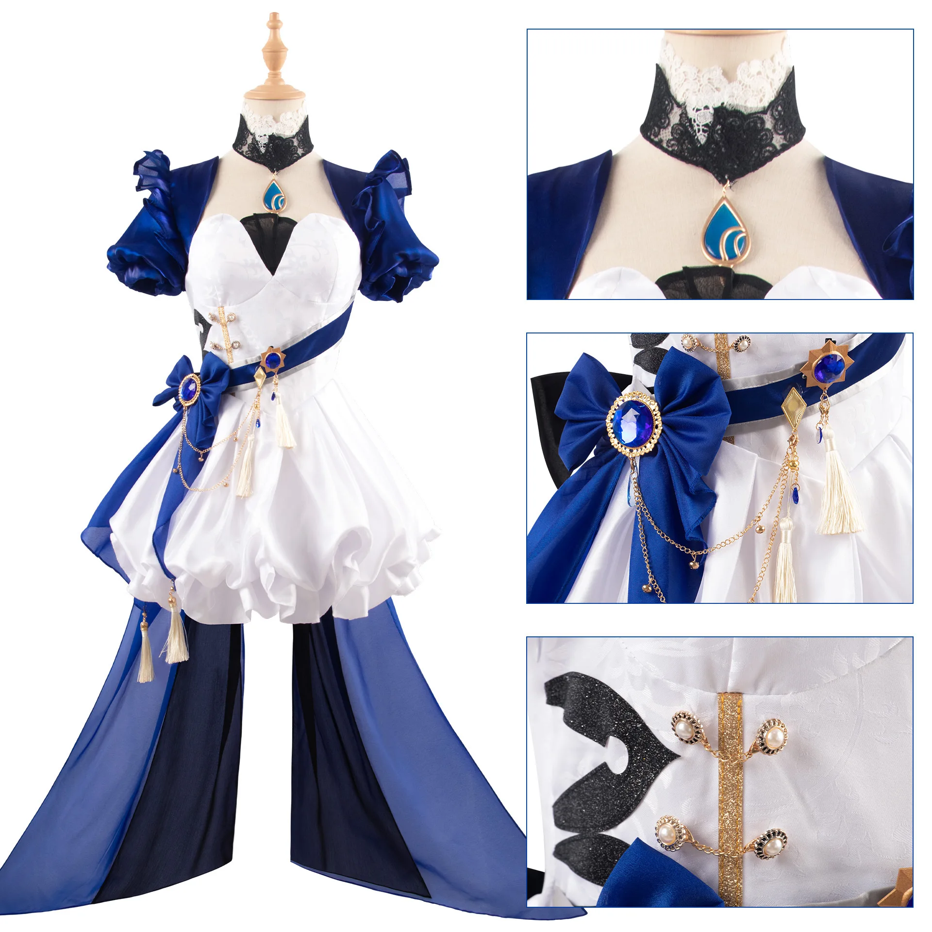 Genshin Impact Furina Aquamarijn Alice Doujin Game Suit Prachtige Jurk Cosplay Kostuum Halloween Party Rollenspel Outfit Vrouwen