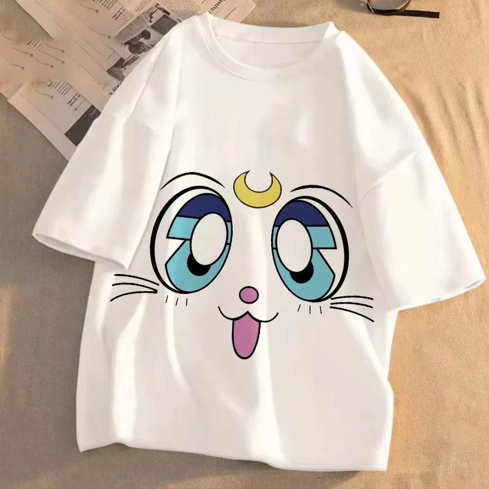 2026 Summer Sailor Moon Luna Cat Face Crescent Moon T-Shirt, Cotton Loose Oversized Tee for Women Girls Y2K Anime Streetwear