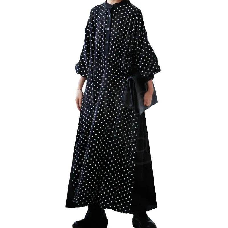 فستان نسائي طويل موجة نقطة طباعة فساتين المرقعة الياقة المستديرة زر فضفاض ألف خط مكتب سيدة 2025 الخريف خمر Vestidos #5