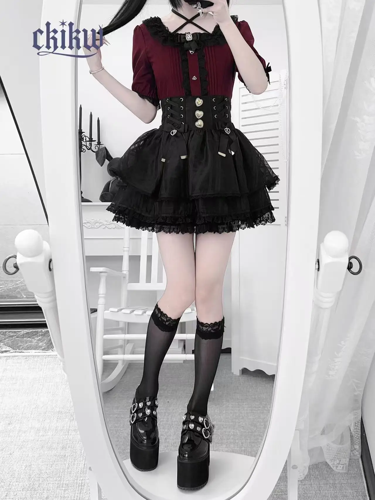 Mine Mass-Produced Cross-Strap Lace Halter Square Collar Shirt Japan Style Girl Subculture Short-Sleeve Top High-Waisted Skirt