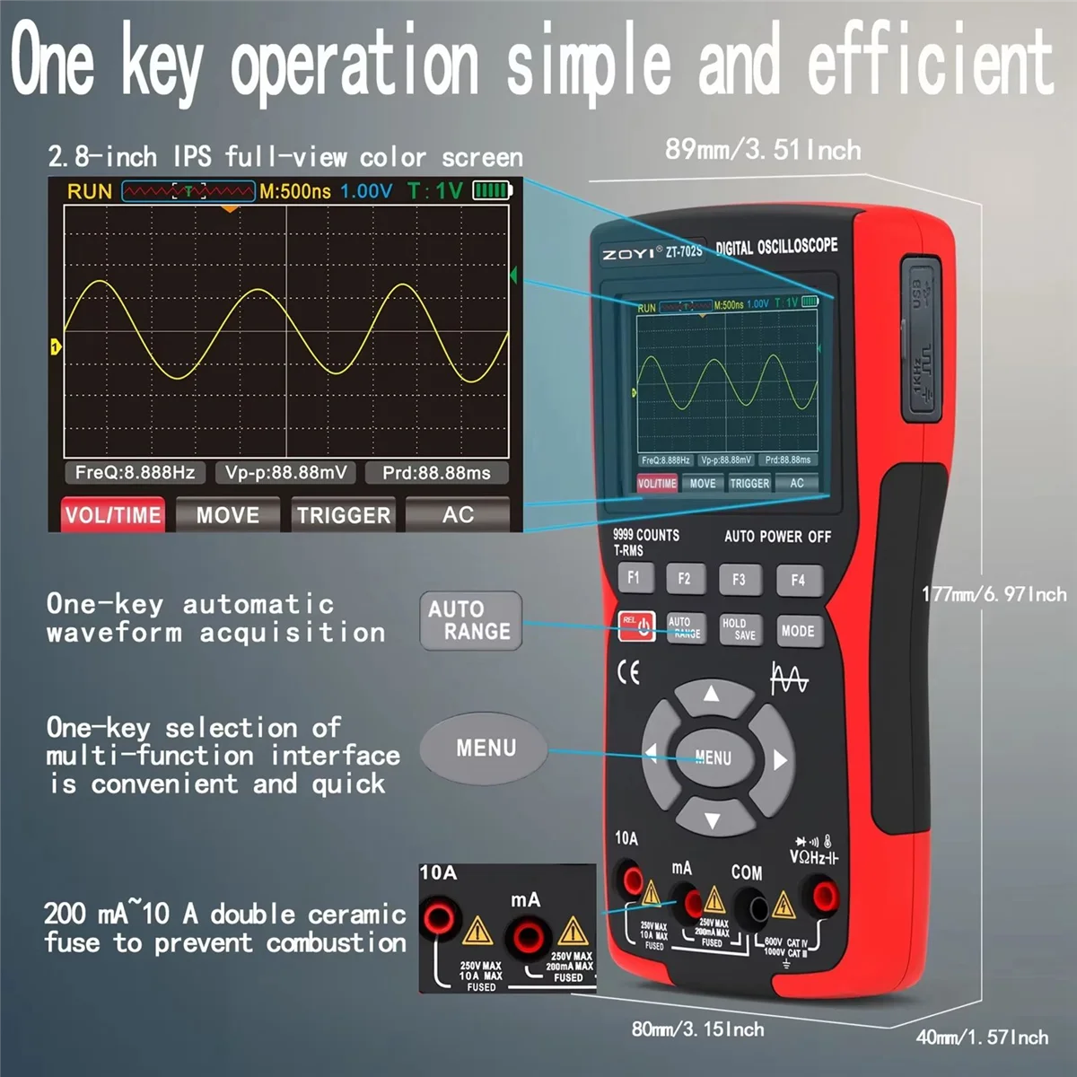 ABNP  ZT702S Digital Oscilloscope Multimeter Transistor Tester 50MHz Bandwidth 280MS Sampling Rate Support Waveform Storage