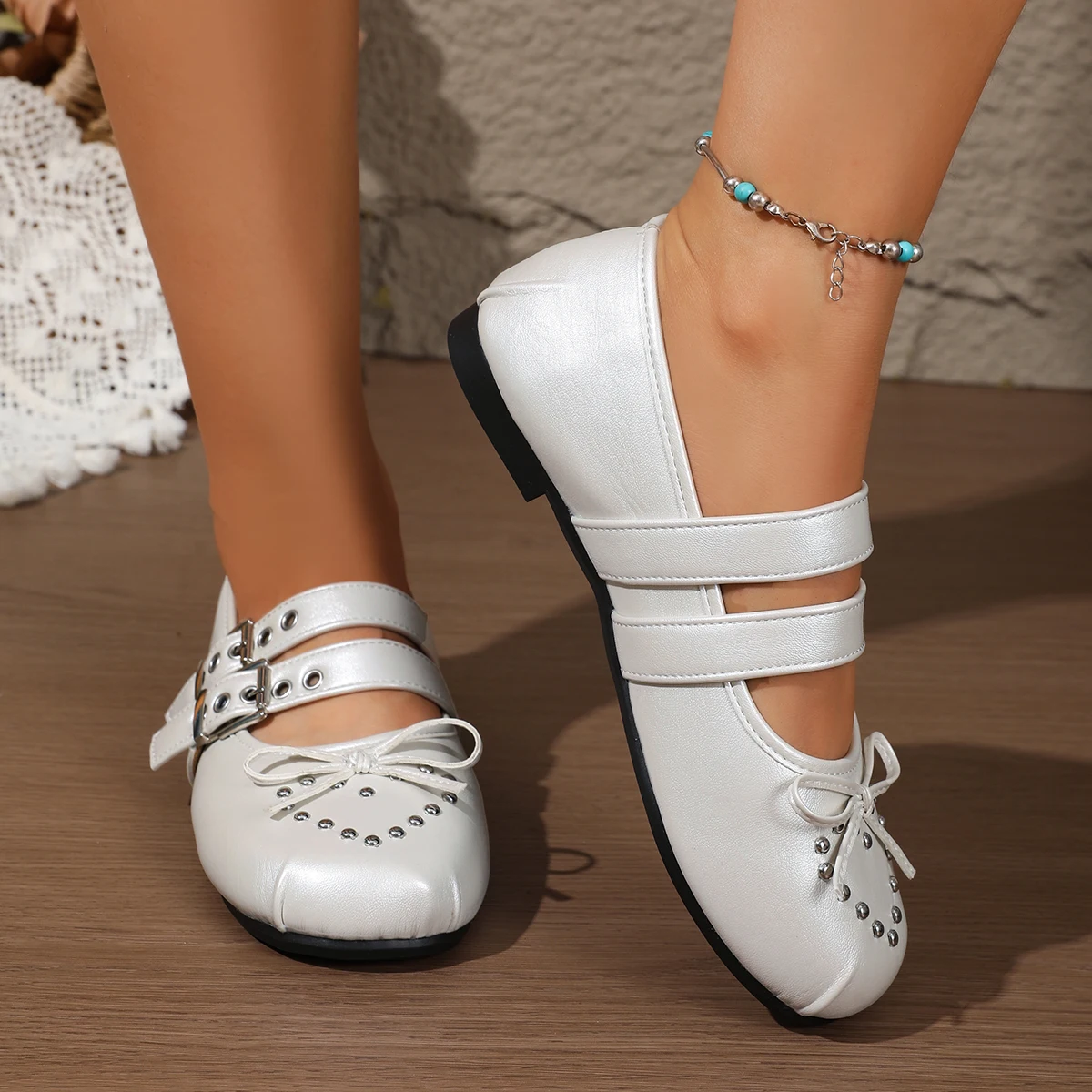 Women Double Strap Mary Jane Flats Heart Rivet Bow Decor Round Toe Slip On Shoes Black White Brown Casual Daily Walking Footwear view 3