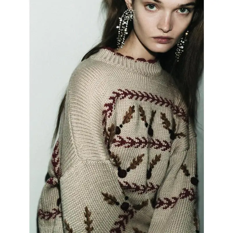 크리스마스 테마 긴 소매 니트 스웨터 루즈핏 패턴 여성 패션 가을 겨울 신상품 폴리에스터 섬유