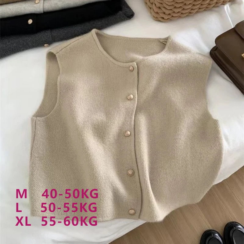 Crew neck feminino coreano sólido botão manga curta cardigan casacos camisola de malha sem mangas senhoras elegantes tanques bottoming