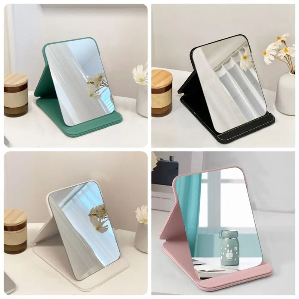 Simple Square Shape Desktop Vanity Mirror Adjustable Portable Folding Mirror Cosmetic PU Leather Makeup Mirror Dormitory