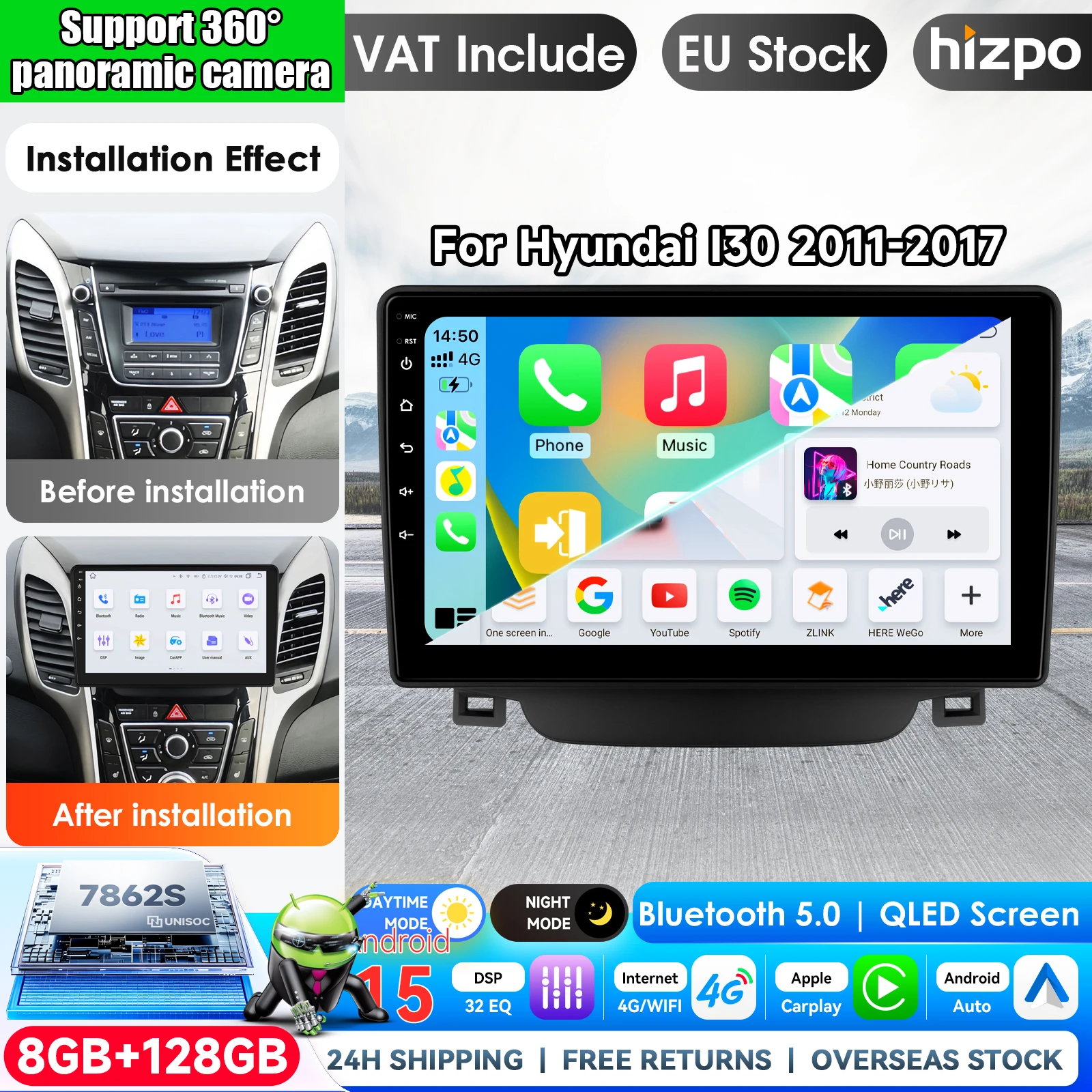9'' Android 16 Autoradio Multimedia GPS WiFi für Hyundai I30 2011 - 2017 CarPlay Auto-Bildschirm QLED Head Unit Kabellos mit Apple CarPlay Smart Intelligent Systems IPS Touchscreen Stereo Video Player
