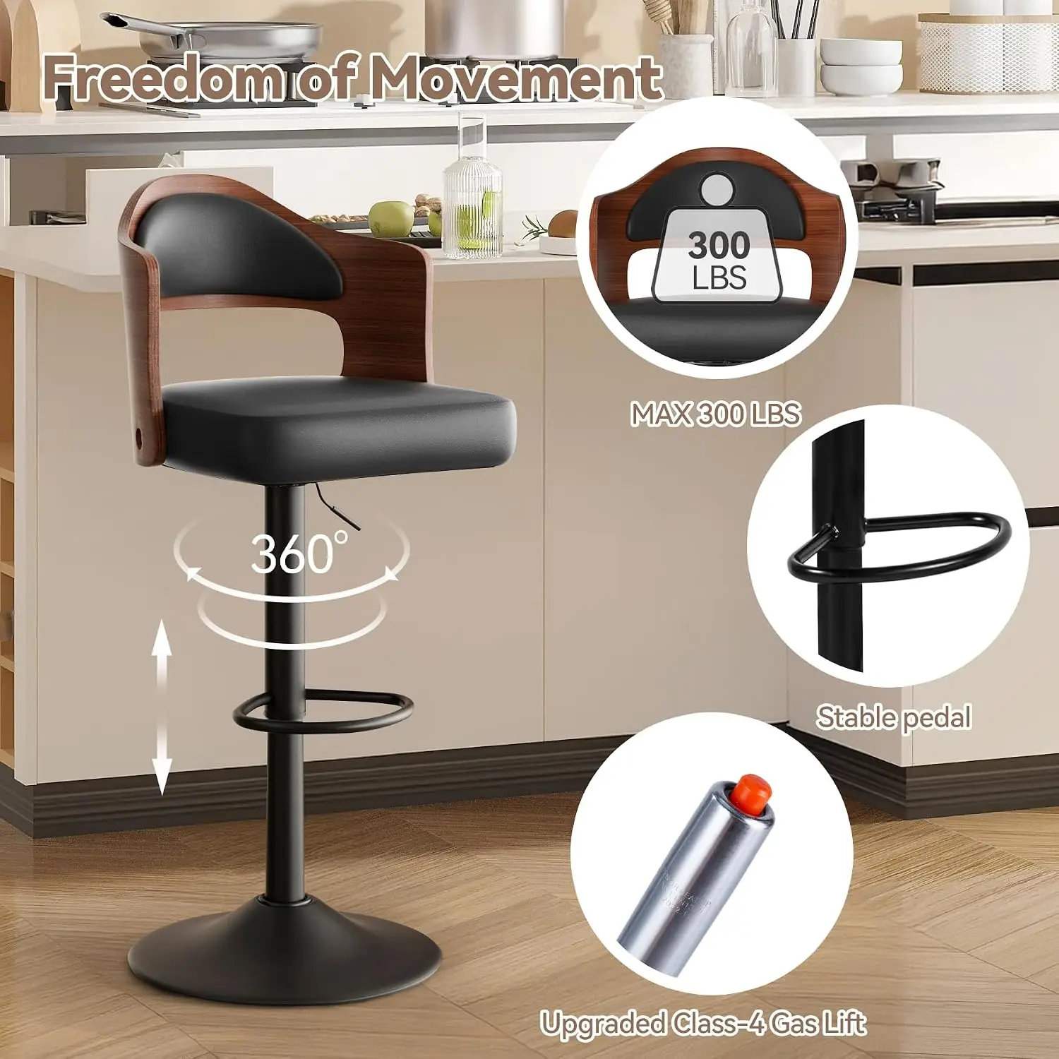 Modern Bar Stools Set of 3, Faux Leather Upholstered Swivel Bar Stools, Adjustable Counter Height Bar Chairs with Back for Kitch view 3
