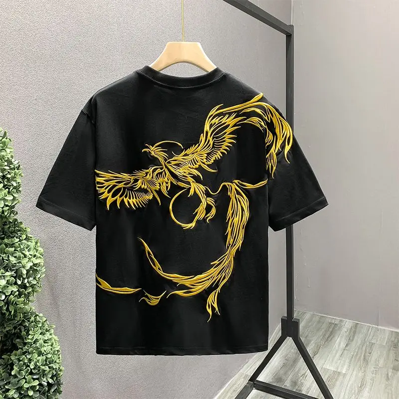 Phoenix besticktes Kurzarm-T-Shirt im chinesischen Stil für Herren – Sommer Neuheit, lässig, locker, vielseitig, modische Halbarm-Basis-Tops