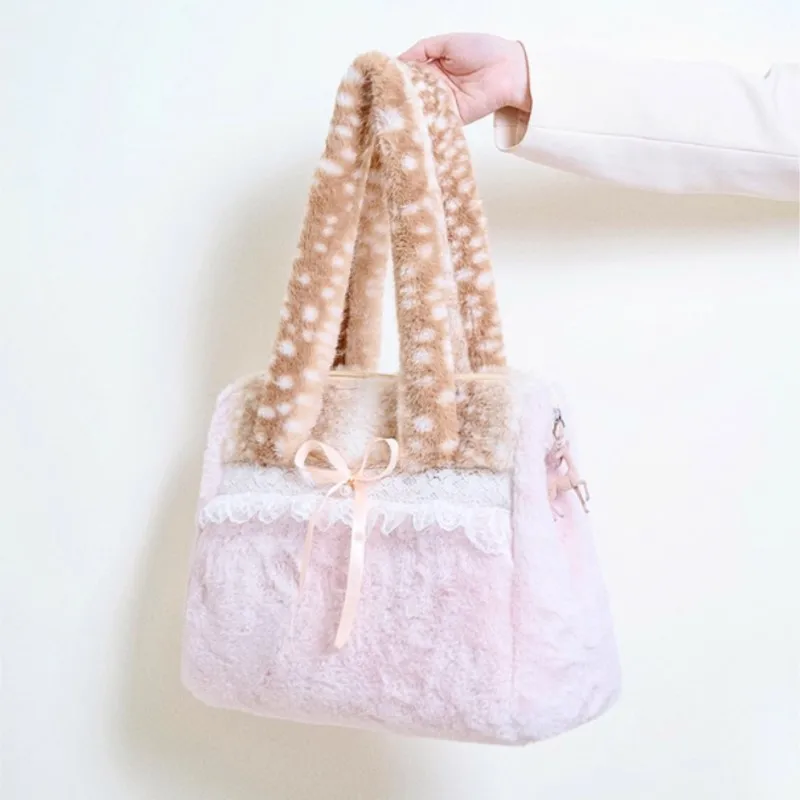 Sweet Cute Plush Bow Tote Bag Women Ballet Style Lace Color Block Large Capacity Shoulder Bags Ladies Harajuku Versatile Handbag