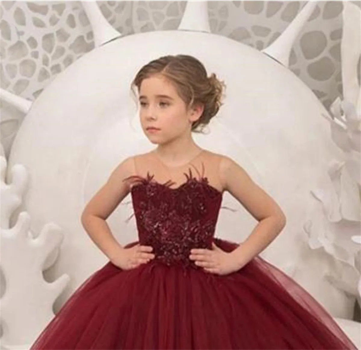 Flower Girl Dress Burgundy Trail Round Neck Applique First Wedding Elegant Flower Child Party Dinner Communion Dress