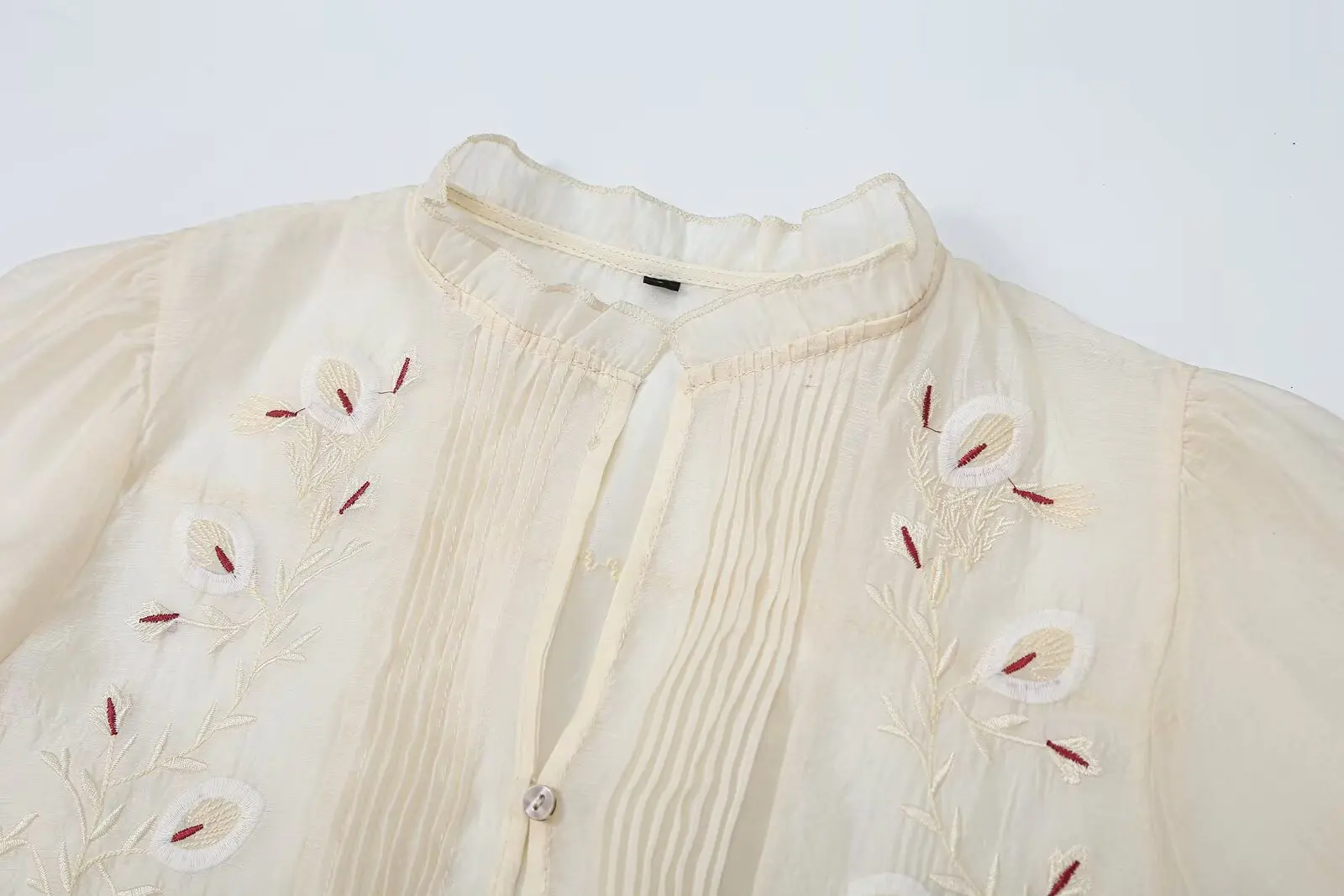 BSAY 2026 French Vintage Women Floral Embroidery Blouse Frill Stand Collar Single Breasted Lantern Long Sleeve Boho Casual Shirt 4