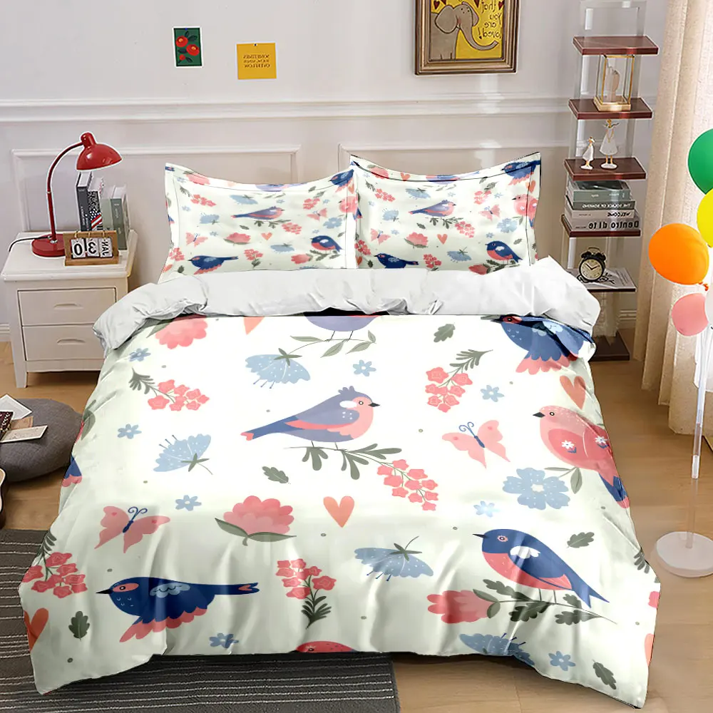 Cartoon birds and floral patterns Print Bedding Set 1 Duvet Cover 2 Pillowcases for Adult and Children Luxury Gift Full Size