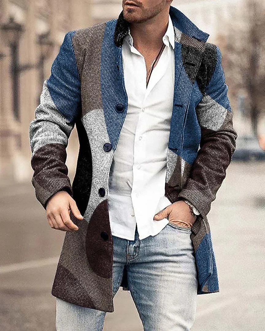Autumn Winter Retro Print Woolen Coat Men Casual Single Breasted Lapel Long Sleeve Coat Men Fashion Loose Pocket Mid Long Jacket