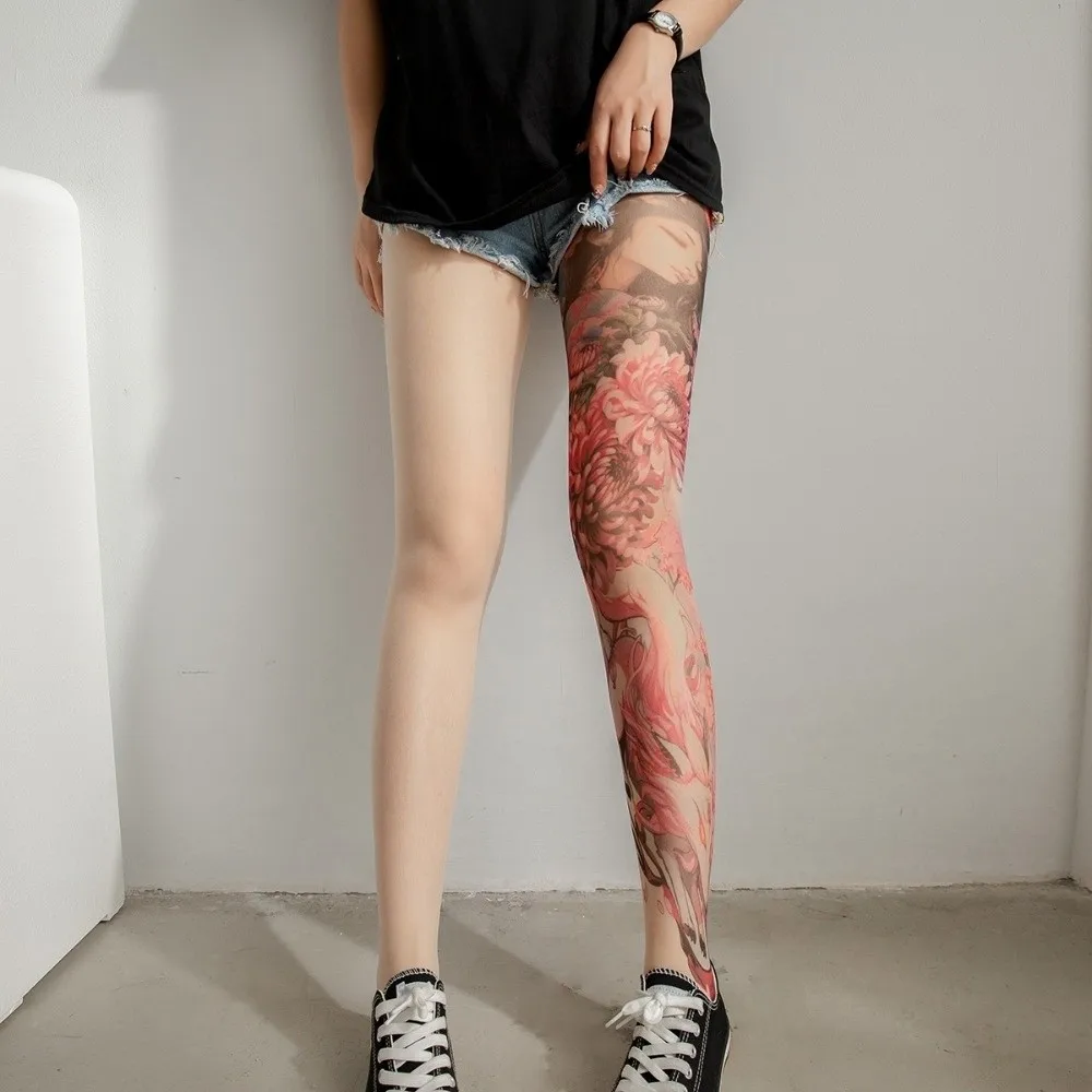 Flower Japanese Style Full Leg Tattoo Socks Breathable Thin Fake Tattoo Socking UV Protection Seamless Sun-proof Socks Fishing