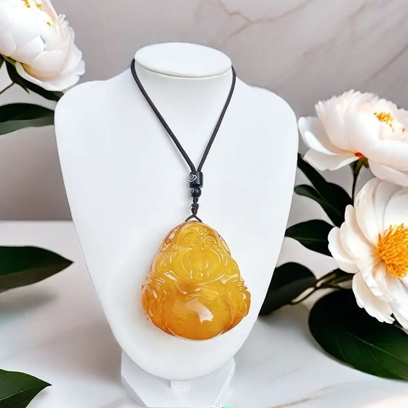 Old gold-copper Laughing Buddha pendant necklace  polished raw amber hanging ornament