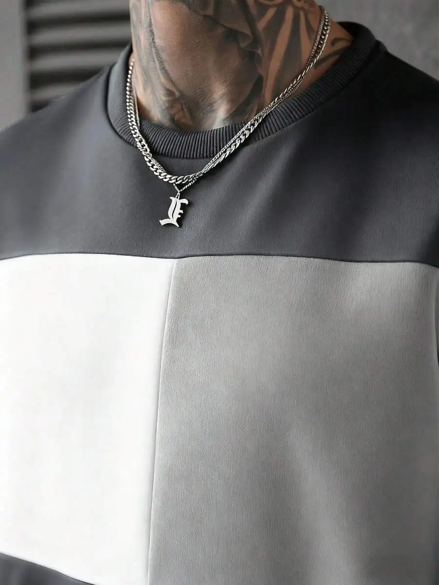 

Mens Contrast Color Crew Neck Pullover Sweatshirt And Jogger Set Grey White