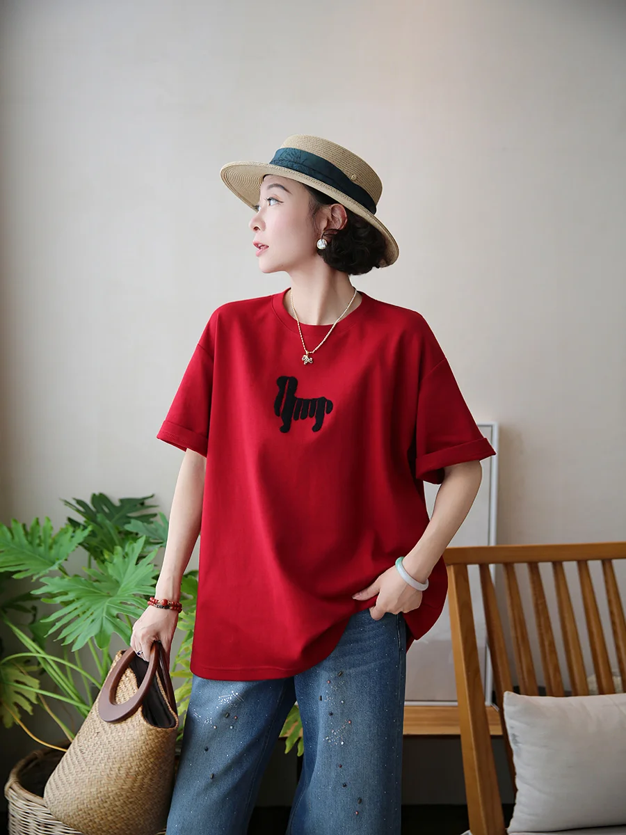 

Exquisite Embroidered ort Sve round Ne T-irt Casual Sle Loose Fit Cotton Polyester Blend Women's Top