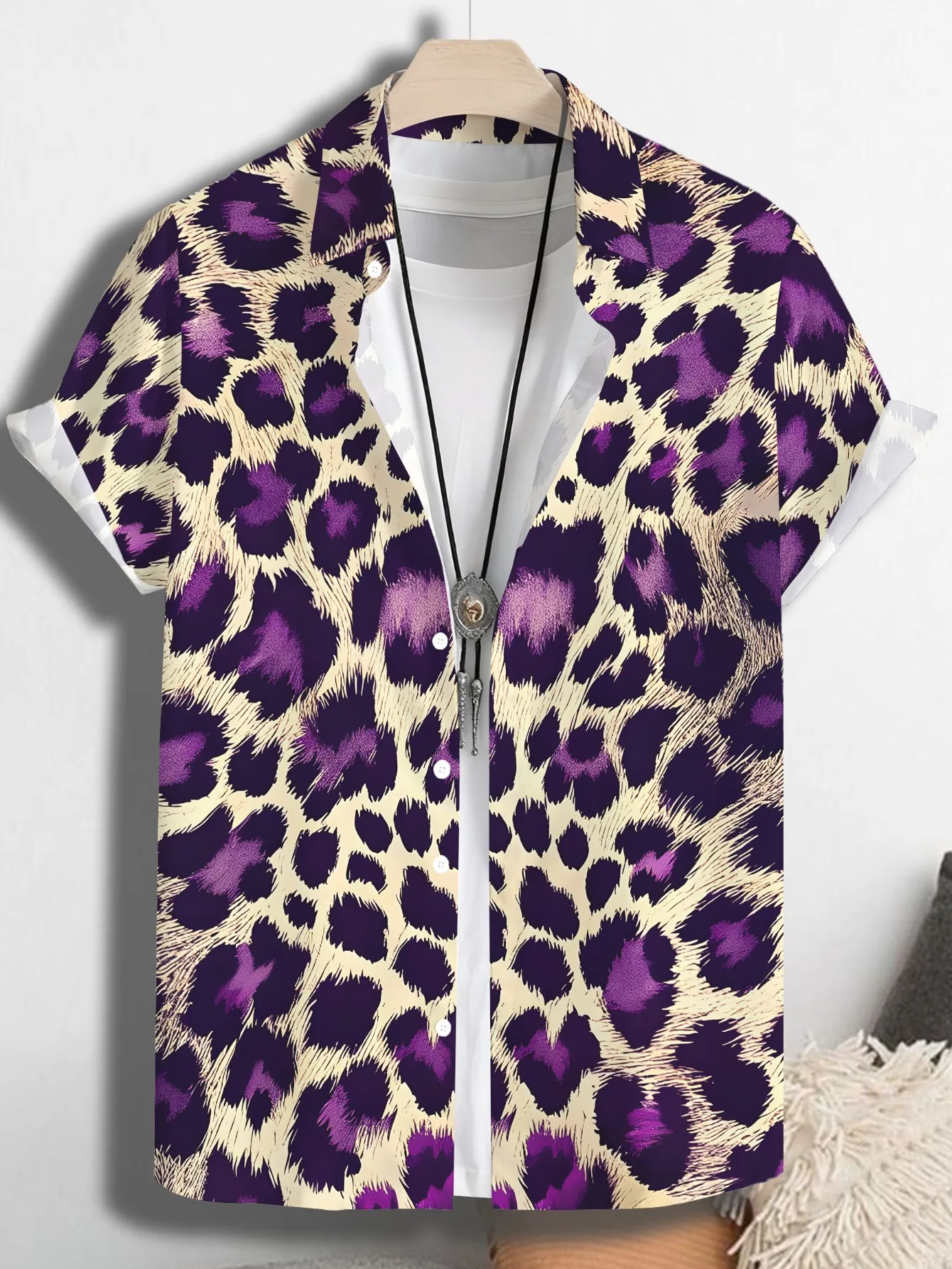 Men Beige Purple Leopard Print Wild Personality Cuban Collar Beach Shirt