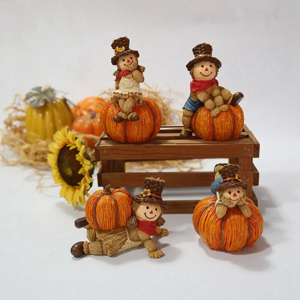 Resin Pumpkin Scarecrow Ornaments Decorative Boys And Girls Unique Pumpkin Statue Lovely Harvest Day